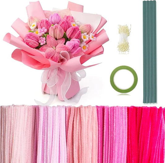 Peryiter 371 Pipe Cleaners Flowers Set, Mixed Colors Chenille Stems Bulk with Floral Wires, Gardening Tape, Stamen for DIY Flower Making Kit, Gift Idea for Mother's Day(Pink)