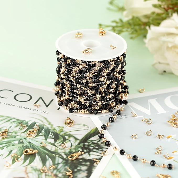 KYUNHOO 16.4 Feet Black Beaded Chain for Jewelry Making Gold Plated Brass Rosary Chain on Spool with Lobster Claps and Jump Rings for Women Necklace Bracelet Craft DIY
