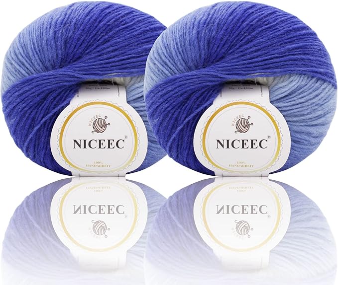 NICEEC 2 Skeins Rainbow Soft Yarn 100% Wool Gradient Multi Color Yarn for Crocheting Knit Total Length 180m×2(196yds×2,50g×2)-26#