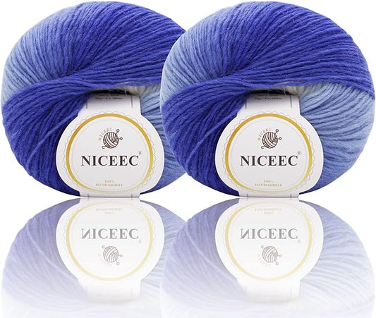 NICEEC 2 Skeins Rainbow Soft Yarn 100% Wool Gradient Multi Color Yarn for Crocheting Knit Total Length 180m×2(196yds×2,50g×2)-26#