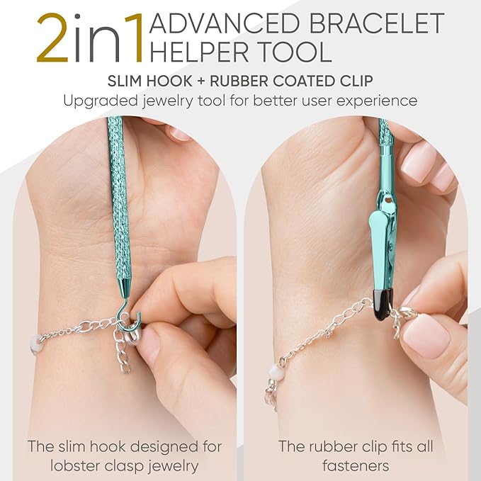 Bracelet Helper Tool with Hook - Fastener Helper Tool for Bracelet, Necklace, Jewelry, Watch - Clip, Clasp Helper - Portable, Easy-to-Use, Made of Metal - Teal