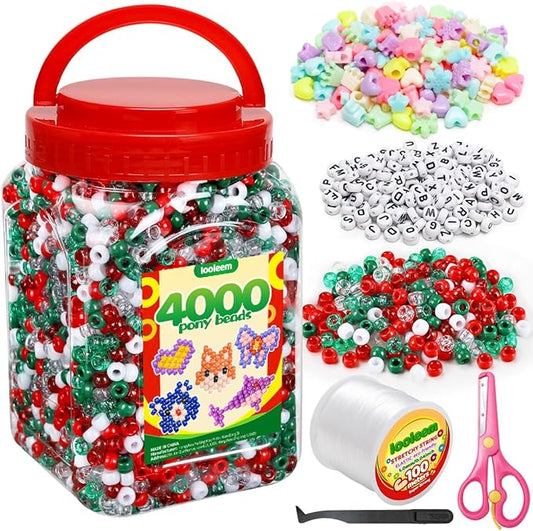 iooleem christmas solid & glitter bulk pony beads - 4000pc kit for friendship bracelets & jewelry making, easy storage