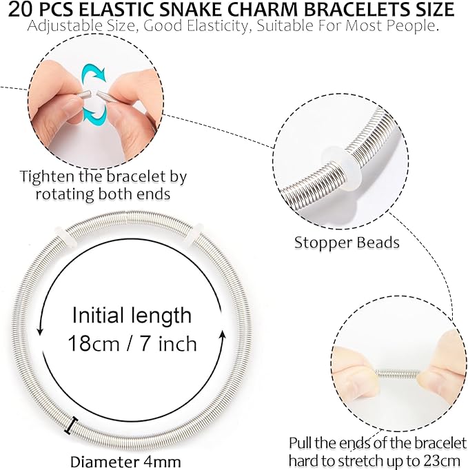 20 Pieces Snake Charm Bracelet, 4mm Expandable Charm Bangle Bracelets Silver Adjustable Friendship Snake Bracelet Chain DIY Charm Bracelet for Women Jewelry Christmas Birthday Gifts