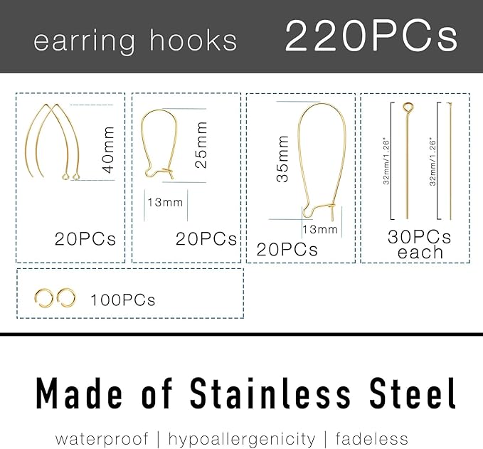 stino 220pcs hypoallergenic earring hooks for jewelry making, stainless steel earring findings supplies, silver & gold plated (v & u hook gold plated (220pcs))