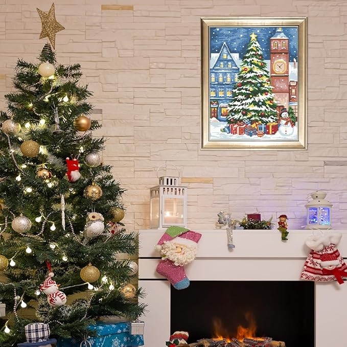 FREEBLOSS 11CT Christmas Tree Printed Cross Stitch Kits Stamped Embroidery Kits with Instruction Wall Hanging Kit for Needlepoint Adults Wall Art Decoration 16x20in/40x50cm