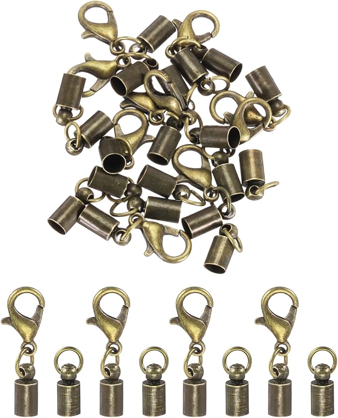 MECCANIXITY Fold Over Cord End Caps Bronze 4mm OD with Crimp Covers Lobster Claw Clasps DIY Jewelry Making for Bracelets and Necklaces Crafting 20 Pcs