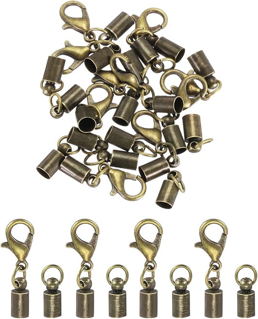 MECCANIXITY Fold Over Cord End Caps Bronze 4mm OD with Crimp Covers Lobster Claw Clasps DIY Jewelry Making for Bracelets and Necklaces Crafting 20 Pcs