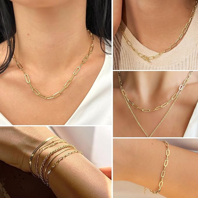 16Ft Stainless Steel Paperclip Chain for Jewelry Making, 3.5mm Width Gold Plated Paper Clip Link Chains Roll for DIY Necklace Bracelet Jewelry Making Supplies with Lobster Clasps Soft Tape Measure