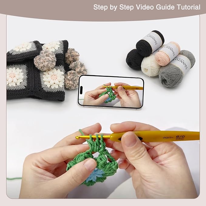 Noocro Complete Crochet Kit for Pom-Pom Granny Square Scarf Hood, DIY Yarn Kit, Detailed Instructions, Step by Step Video Tutorial, Beginner-Friendly, Intermediate Crocheter Craft Set (Pinky Ash)