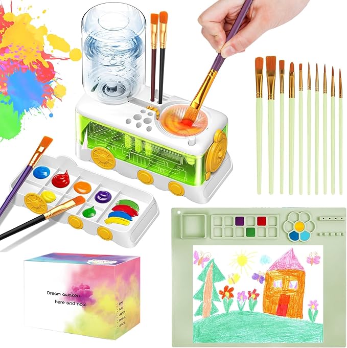Paint Brush Cleaning Kit for Kids with 5 Brushes, Art Smock, Washable Mat, Guidebook, Spiral Brush Cleaner Jar for Watercolor(White)