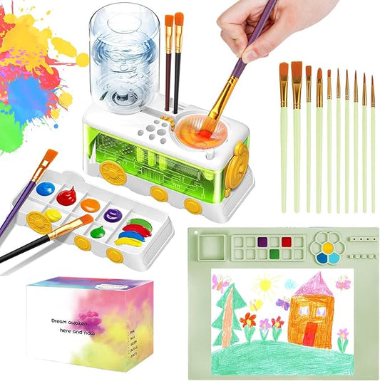Paint Brush Cleaning Kit for Kids with 5 Brushes, Art Smock, Washable Mat, Guidebook, Spiral Brush Cleaner Jar for Watercolor(White)