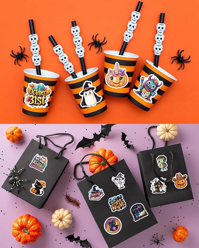 jcfire halloween stickers for kids, 100 pcs halloween party favors, waterproof cute vinyl stickers for water bottle crafts, party decorations supplies, goodie bags stuffers kids gift toys games treats