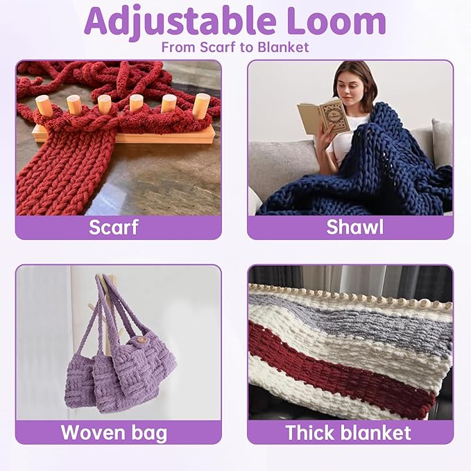 46" Beechwood Chunky Blanket Loom Kit, Adjustable Hand Knitting Loom for DIY Chunky Yarn Blankets, Large Wooden Loom Knitting Board, No Needles Required Blanket Maker, Beginner Friendly Craft Gift