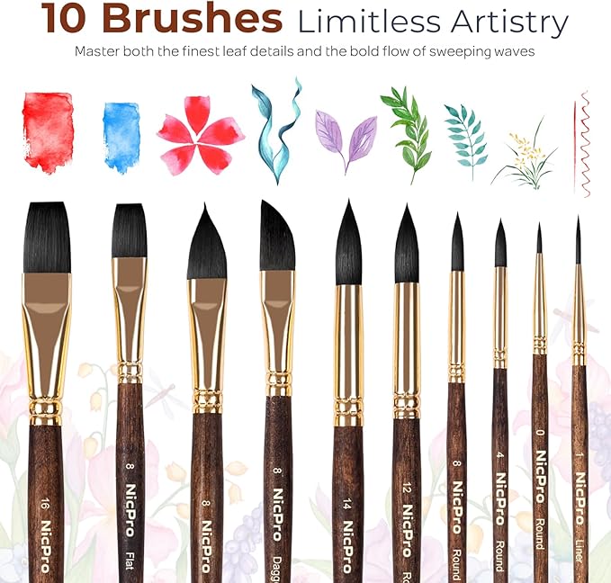 Nicpro Watercolor Brushes Professional, 10PCS Synthetic Squirrel Hair Watercolor Paint Brush Set for Artist & Beginners - Flat, Round, Dagger, Cats Tongue for Water Color, Gouache, Ink Painting
