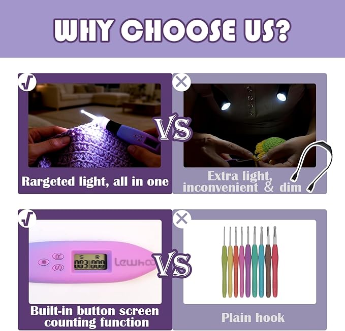 Lewhoo Lighted Crochet Hooks Set, 11 Size Light up Rechargeable Crochet Needle for Fluffy Yarn with Counter 2.5-8.0mm, Ergonomic Handle with Screw Gradiant Purple Glow in Dark