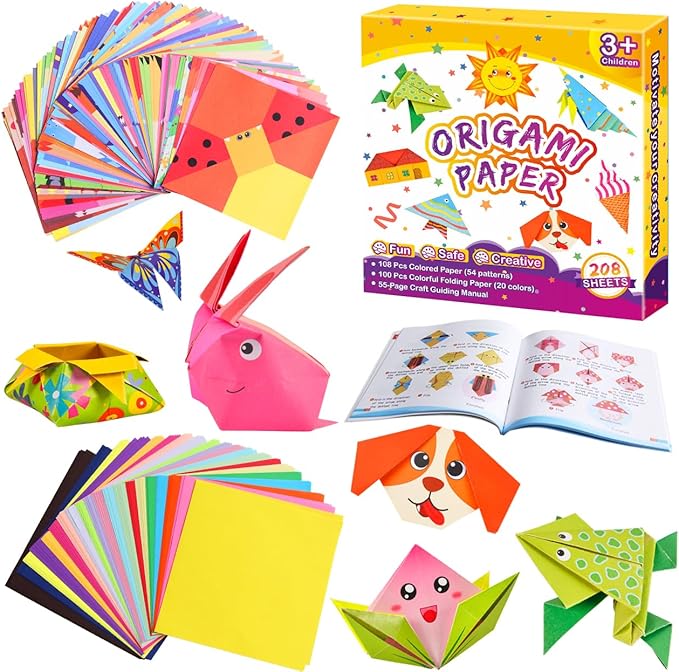 Pigipigi Kids Craft Origami Paper Kit for Kids Ages 5-8 8-12, with Guiding Book, 208 Sheets DIY Art and Crafts Supplies, Colorful Folding Papers Set Projects Gifts Activity for Boy Girl Toys(Cartoon)