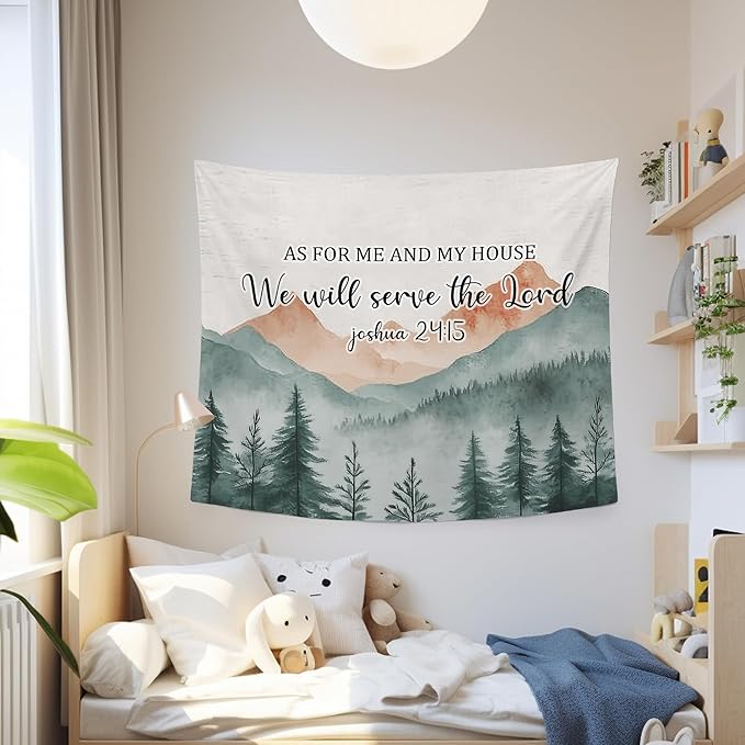 MNASAIOO Christian Mountian Wall Tapestry Hanging for Bedroom, Bible Verse Scripture We Will Serve The Lord Tapestries, Watercolor Religious Wall Decor Banner for Living Prayer Room Church 50x60in
