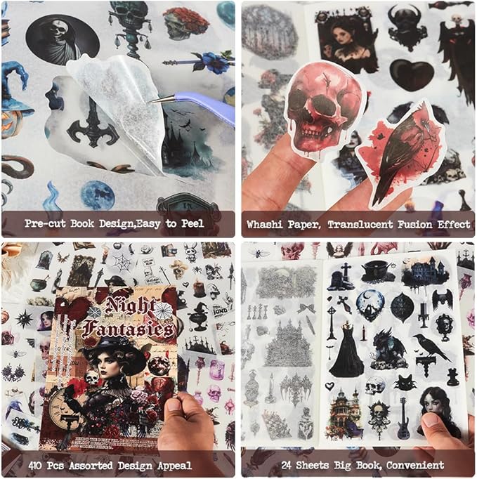 410pcs Gothic Washi Journal Stickers for Journaling, 24 Sheets Precut Large Halloween Sticker Book for Junk Journal Supplies, Scrapbooking, Collage, Bullet Journals, Planners, Art Crafts