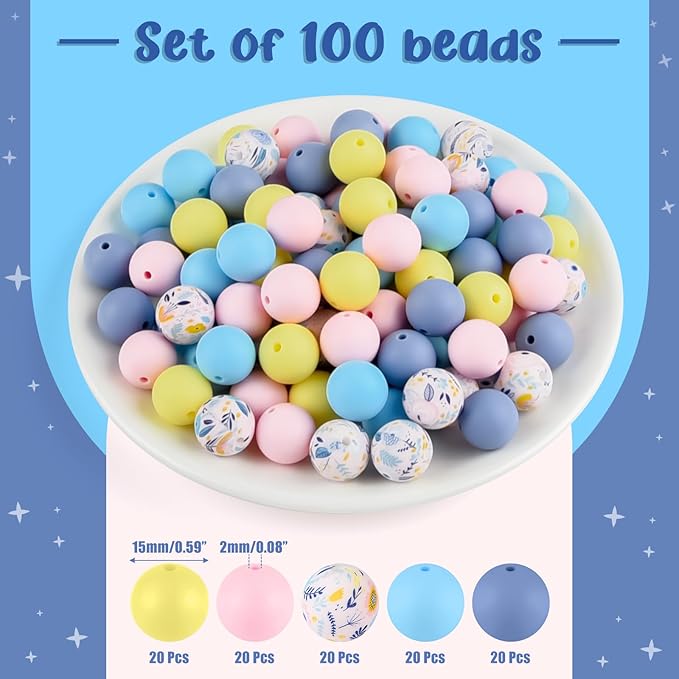 ASTARON 100 Pcs 15mm Silicone Beads for Keychain Making, Illustration Style Yellow Blue Round Beads Bulk for Bracelets Crafts Beadable Pens Decorations Jewelry Making Supplies