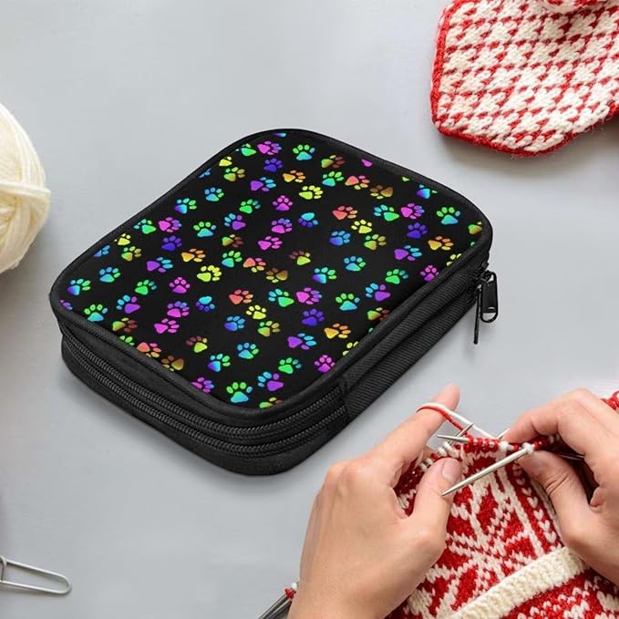 Hechitok Rainbow Dog Paws Crochet Hook Case Without Hooks and Accessories Zipper Storage Organizer Bag with Web Pockets for Various Crochet Needles Accessories Crochet Hook Kit Tools