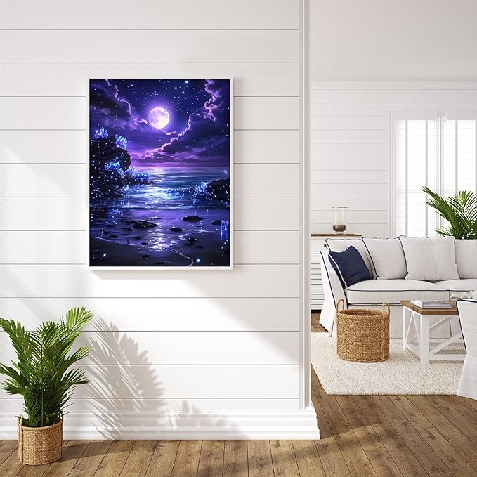 Purple Moon in Beach Diamond Art Kits for Adults, Landscape Beach Diamond Painting for Beginners, Diamond Dot, 5D Dimond Art Paintings Kit, Gem Painting Kit, Crystal Home Wall Decor Gifts (12x16inch)