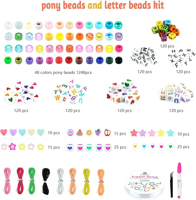 Dowsabel Friendship Bracelet Making Kit, Pony Kandi Beads & 11 Different Beads, 8 Colors Nylon Thread, DIY Jewelry & Craft Gifts