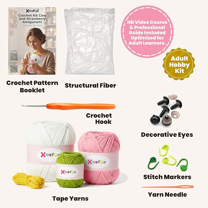 Amigurumi Crochet Kit for Beginners – Strawberry Cow & Strawberry (2PCS) Relaxing DIY Craft Starter Kit For Adults & Teens (14+) - Step-by-Step Video Tutorials, 40% Extra Yarn & Ergonomic Hooks
