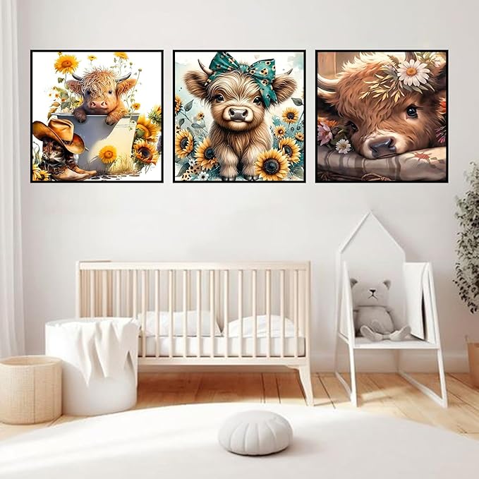 igoodom 3 Pack Cow Diamond Art Kits for Adults, Highland Cow Diamond Painting Kit, Full Drill Round Diamond Art Kits, DIY Gem Art and Crafts for Home Wall Decor Gift 14x14inch