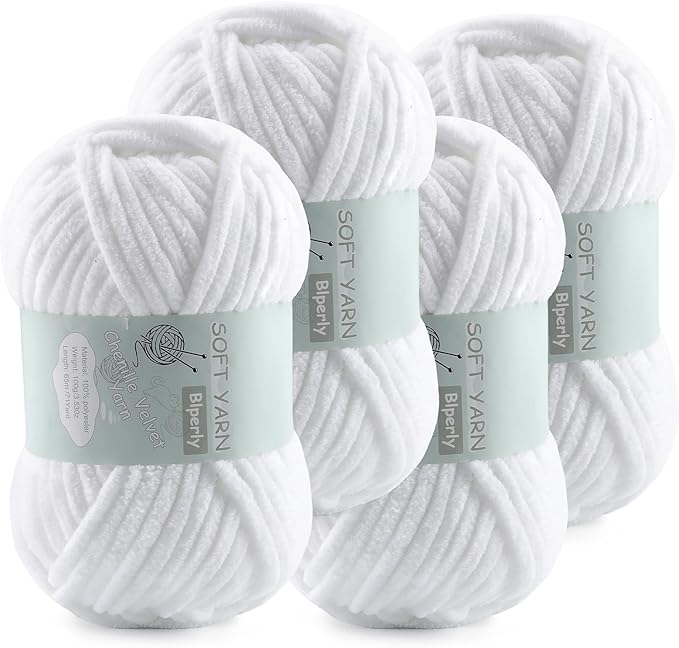 Chunky Chenille Yarn Velvet Soft Super Bulky Size 6 for Crocheting Knitting, Baby Blanket Yarn, 100g 71 Yds per Skein, Easy to Use for Scarves, Amigurumi, Crafts (4, Pure White)