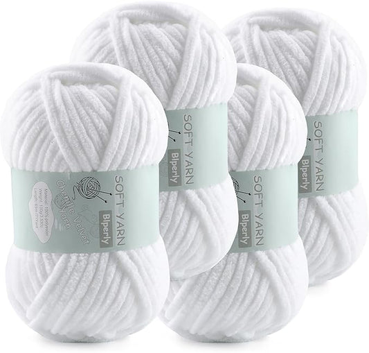 Chunky Chenille Yarn Velvet Soft Super Bulky Size 6 for Crocheting Knitting, Baby Blanket Yarn, 100g 71 Yds per Skein, Easy to Use for Scarves, Amigurumi, Crafts (4, Pure White)