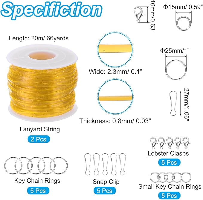PATIKIL Lanyard String Kit, 2 Rolls Glitters Plastic Lacing Cord Gimp String Lanyard Weaving Kit with Lanyards Accessories for Jewelry Making DIY Crafts, Bracelets, Keychains, Yellow