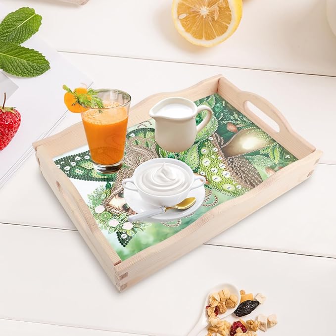 DIY Diamond Art Tray with Handle Diamond Art Painting Plate Creative Design Handmade Wooden Tray Mosaic Making Kits by Number Kit Diamond Art for Coffee Living Room Home Organizer (Green Mushroom Elf)