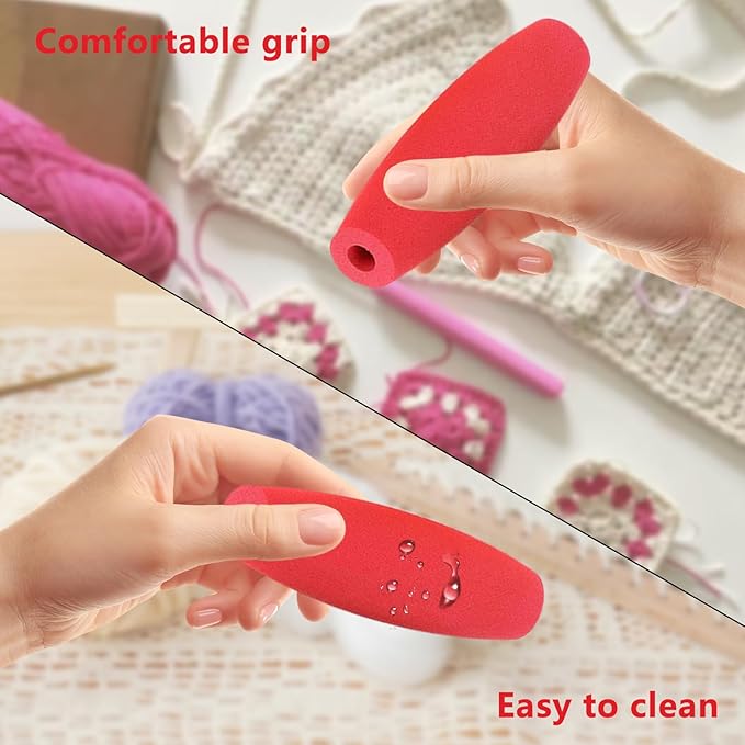 HEYLEAYAR Red Crochet Hooks Grips, 5Pcs Ergonomic Crochet Hook Handle, Foam Grip Handle Crochet Accessories Fits 6.5mm to 7mm Crochet Needles