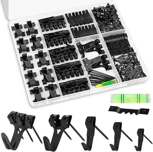 KURUI Picture Hangers, 385Pcs Picture Hanging Kit with Heavy Duty Picture Hanging Hooks, Sawtooth, Hardware Nails and Picture Hanging Tool, Wall Hangers for Frame, Painting, Art, Photo (Black)