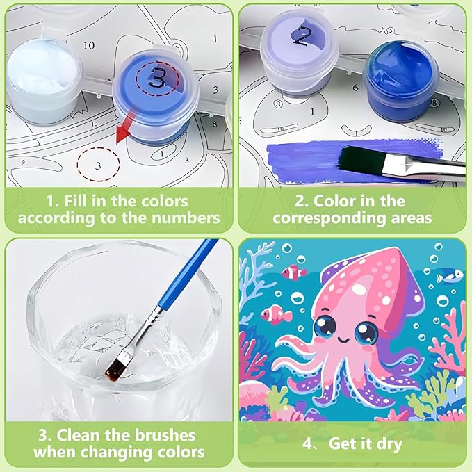 Reivworl Paint by Numbers Kit for Kids with Frame and Easel, Octopus Paint by Number for Kids Age 6-8-12, Paint by Numbers Kits for Gifts and Home Decor - 8X8Inch