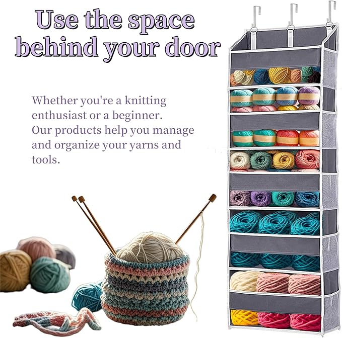 Over Door Yarn Storage Organizer,Large Capacity Yarn Storage Bag with 5 Yarn Balls Storage Pockets & 10 mesh side pockets are available to store Crochet Accessories & Knitting Supplies