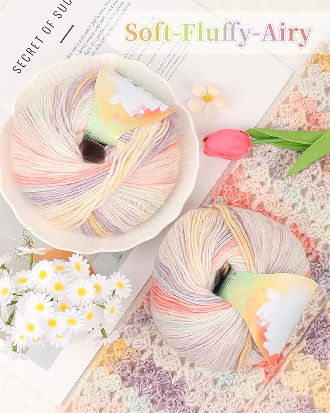 Coopay Yarn for Crocheting Knitting, Gradient Cake Yarns, 2 × 3.53oz - 240yds - 50% Cotton 50% Acrylic Ombre Yarns, Gradient Crochet Yarn for Blankets, Shawls, Scarves (204 Lavender)
