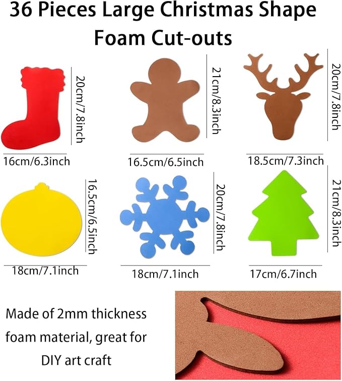 MixTeach 36 Pcs Foam Christmas Cutouts 7'' Christmas Tree Snowflake Elk Stocking Bell Gingerbread Man Shape Die Cuts Colorful Christmas Foam Cutouts for Christmas DIY Crafts Bulletin Board Decor