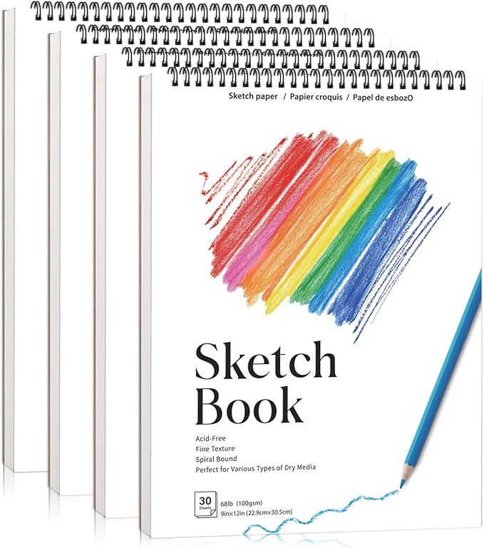 4 Pack Sketch Book, 9 x 12 Inch Sketchbook, 68lb/100gsm Spiral Bound Sketch Pad, Acid Free Art Supplies Drawing Painting Sketching Paper for Kids, Adults, Beginners, Artists (30 Sheets Each)