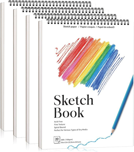4 Pack Sketch Book, 9 x 12 Inch Sketchbook, 68lb/100gsm Spiral Bound Sketch Pad, Acid Free Art Supplies Drawing Painting Sketching Paper for Kids, Adults, Beginners, Artists (30 Sheets Each)