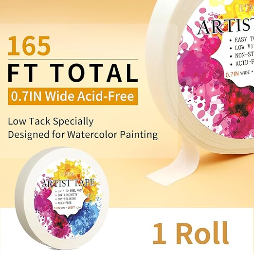 White Artist Tape for Watercolor Paper Drafting Art Low Tack Masking Tape Acid Free Painter Watercolor Tape for Painting Canvas Framing, 0.7 inch Wide 165FT Long Total