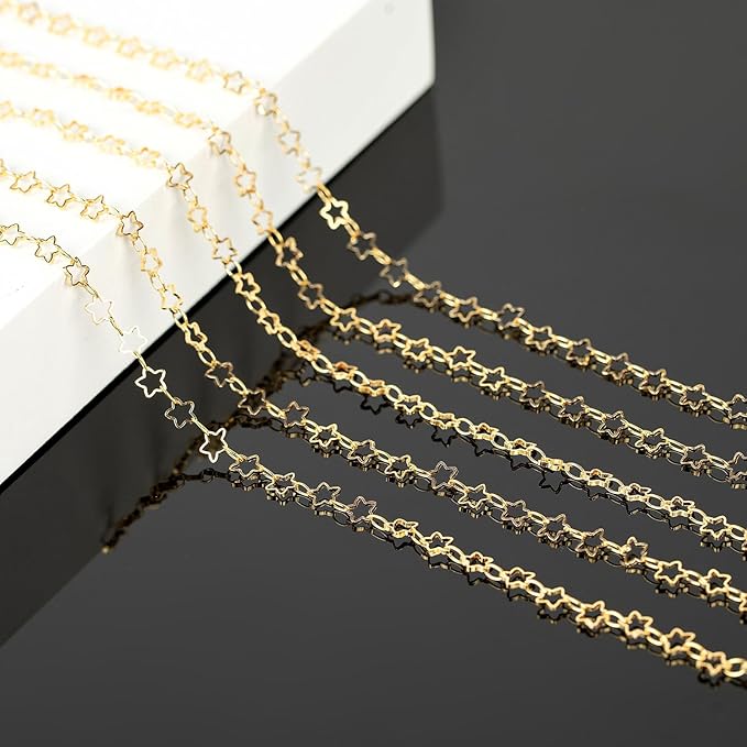 KYUNHOO 5 Meters Necklace Chains for Jewelry Making Hollow Star Link Chain on Spool 18K Gold Plated Jewelry Chain Roll with Lobster Clasps Jump Rings Handmade Craft Making Supplies