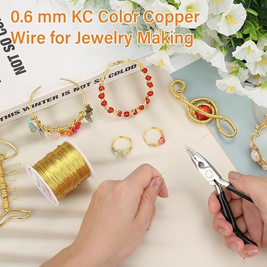 ModaCraft 22 Gauge Tarnish Proof Jewelry Wire Gold (164ft/50m) + 4-in-1 Professional Jewelry Pliers Set | Fade-Resistant Copper Craft Wire for Beading DIY Jewelry Making Supplies Kit