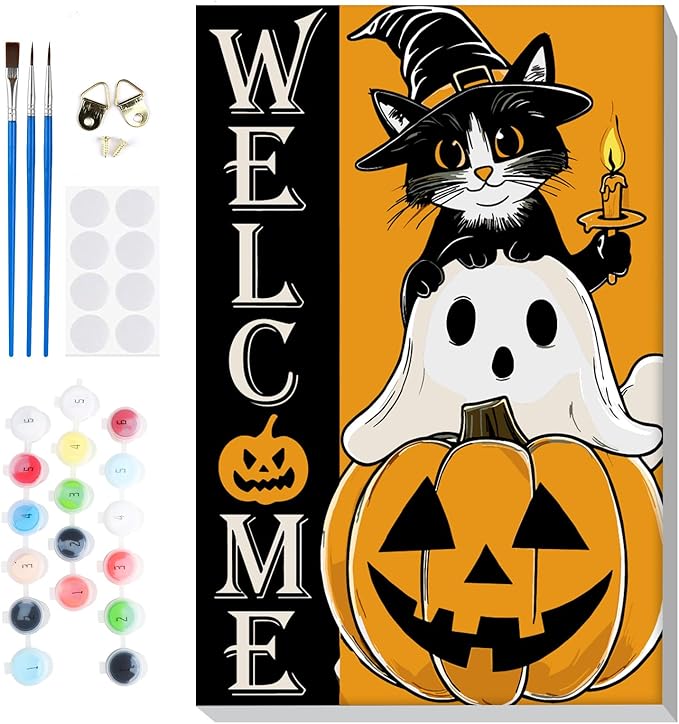 Bowetile Halloween Framed Paint by Numbers for Adults Kids, Adults' Paint-by-Number Cat Kits on Canvas, Easy Acrylic Pumpkin Number Painting Ghost Crafts Kits Halloween Gifts for Home Decor, 8x12in