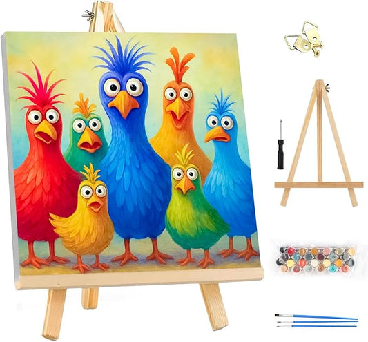 EOBROMD Framed Paint by Numbers Kits for Adults - Wooden Easel, Chicken DIY Kits Crafts for Beginner, Painting on Stretched Canvas, Oil Paint by Numbers for Home Decor Gift 10x10 Inch