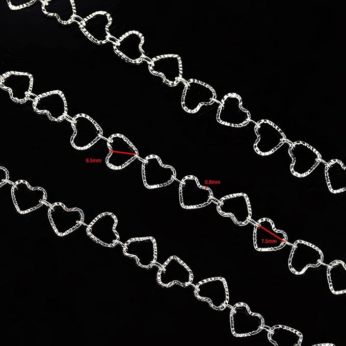 YOUBEIYEE 16.4 Feet Silver Plated Heart Chain Brass Handmade Embossed Link Chains Bulk on Spool with Open Jump Rings Lobster Clasps for Bracelet Necklace Jewelry Making