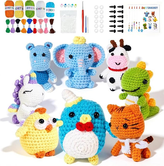 8Pcs Crochet Kit for Beginners, 2026 DIY Craft for Adults and Kids, Great Birthday Gift for Crochet Lovers, Crocheting Animal Kits with Step by Step Videos,Yarn,Crochet Hook