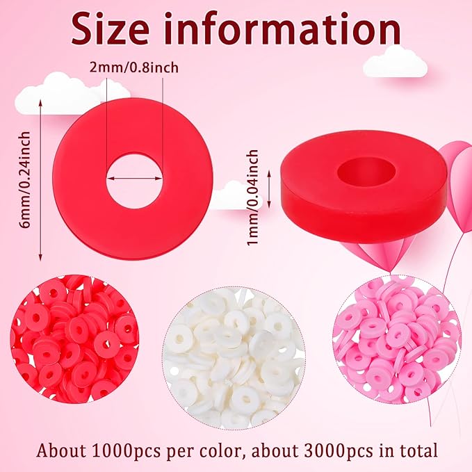 Batiyeer 3000 Pcs Valentine's Day Polymer Clay Beads Set 6 mm Heishi Clay Beads for Jewelry Making DIY Bracelet Necklace Accessories Craft Party Supplies (Red, Pink, White)