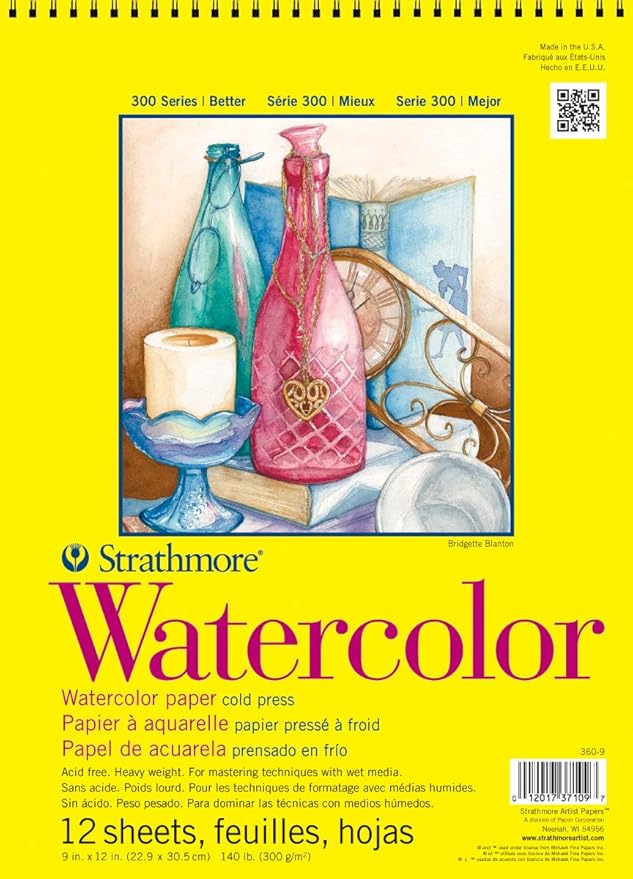 Strathmore 300 Series Watercolor Paper Pad, Top Wire Bound, 9x12 inches, 12 Sheets (140lb/300g) - Artist Paper for Adults and Students - Watercolors, Mixed Media, Markers and Art Journaling
