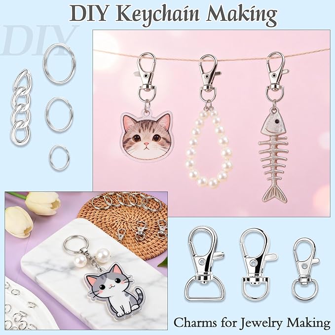 Prdingfy 282PCS Keychain Making Kit, Keychain Craft Supplies Including Key Chain Hooks, Lobster Clasps, Key Rings and Jump Rings for Key Chain Making and Jewelry Making(Silver)